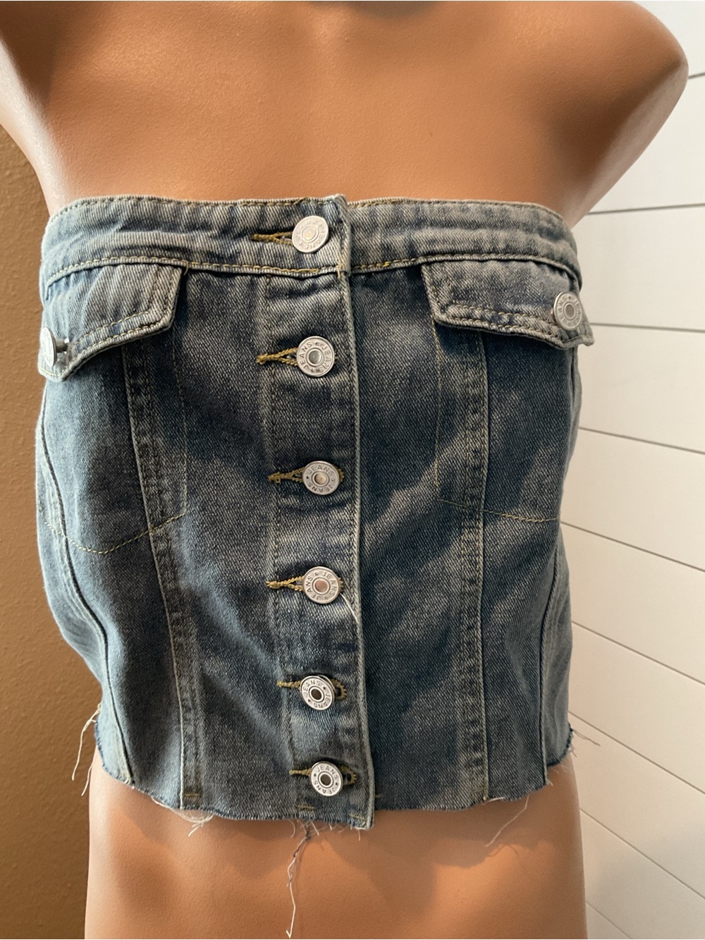 Women’s Button Front Denim Corset/Tube Top Smocked Back Size Large NWT Raw Hem